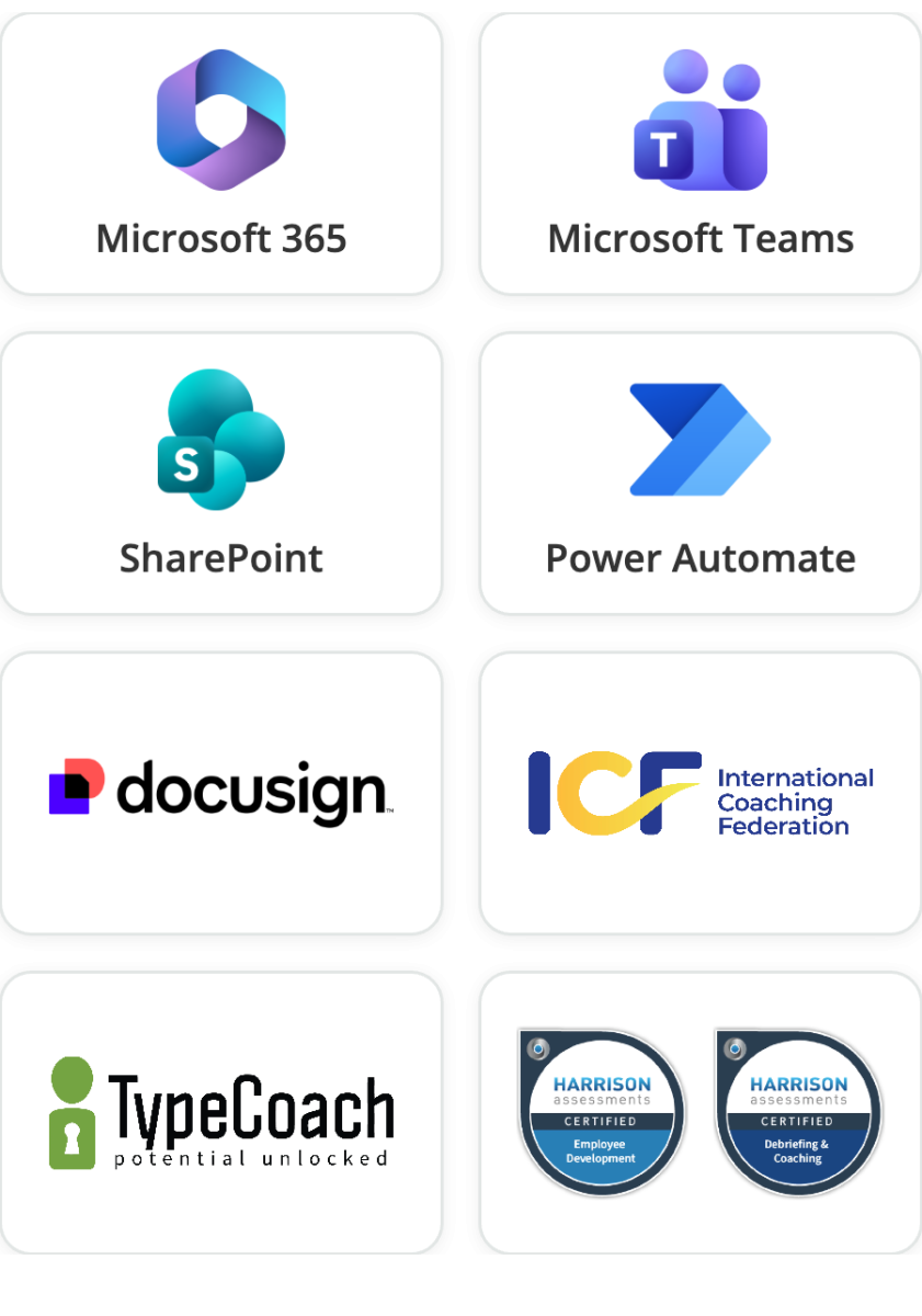 Systems and credentials: Microsoft 365, Microsoft Teams, SharePoint, Power Automate, Docusign, International Coaching Federation (ICF), TypeCoach, and Harrison Assessments certifications